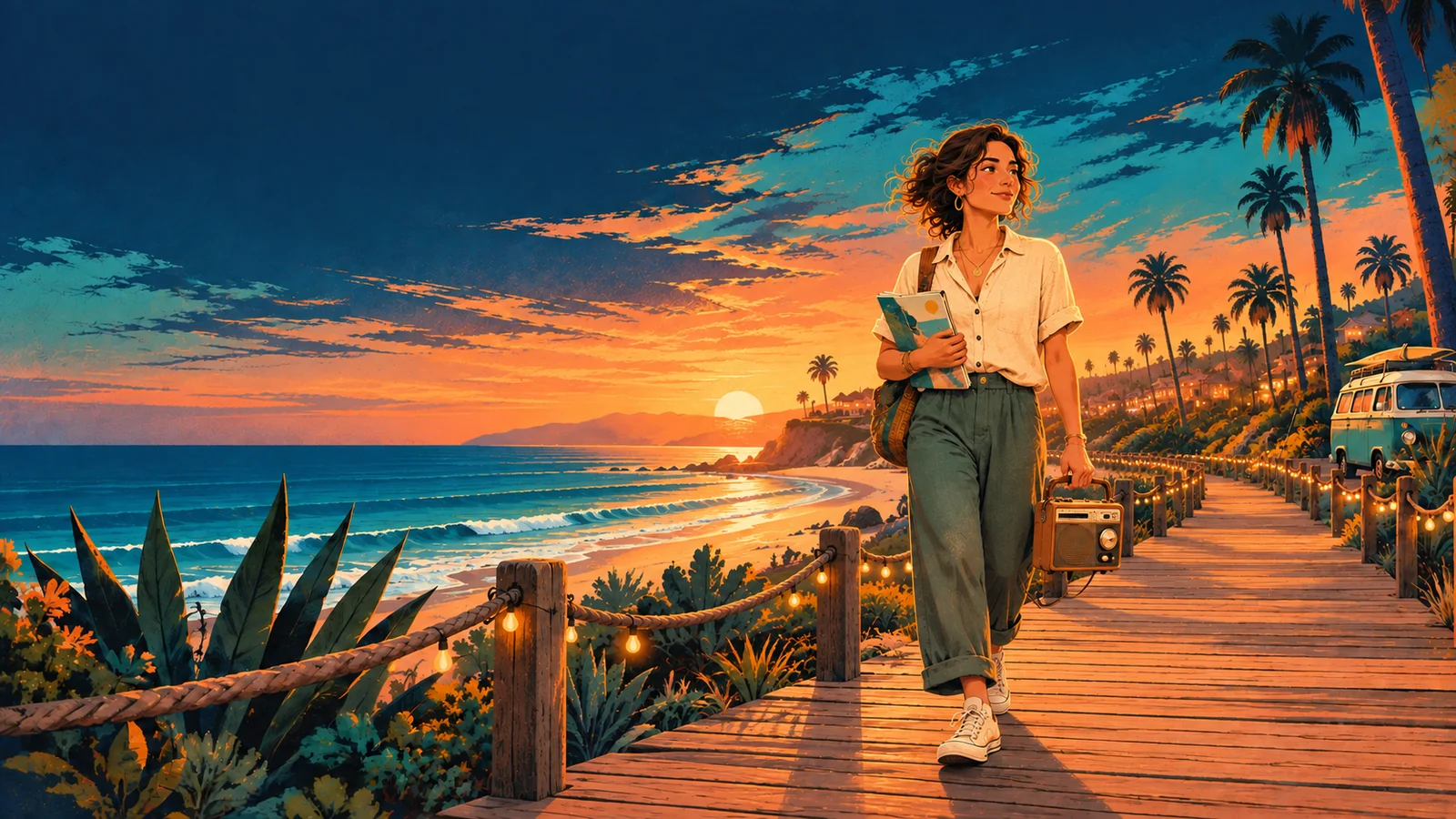 Illustrated sunset road trip along the coast
